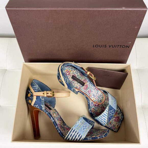 Vintage Louis Vuitton Blue Denim Monogram Heels | Unique Patchwork | S 38.5 EUC - Picture 2 of 14